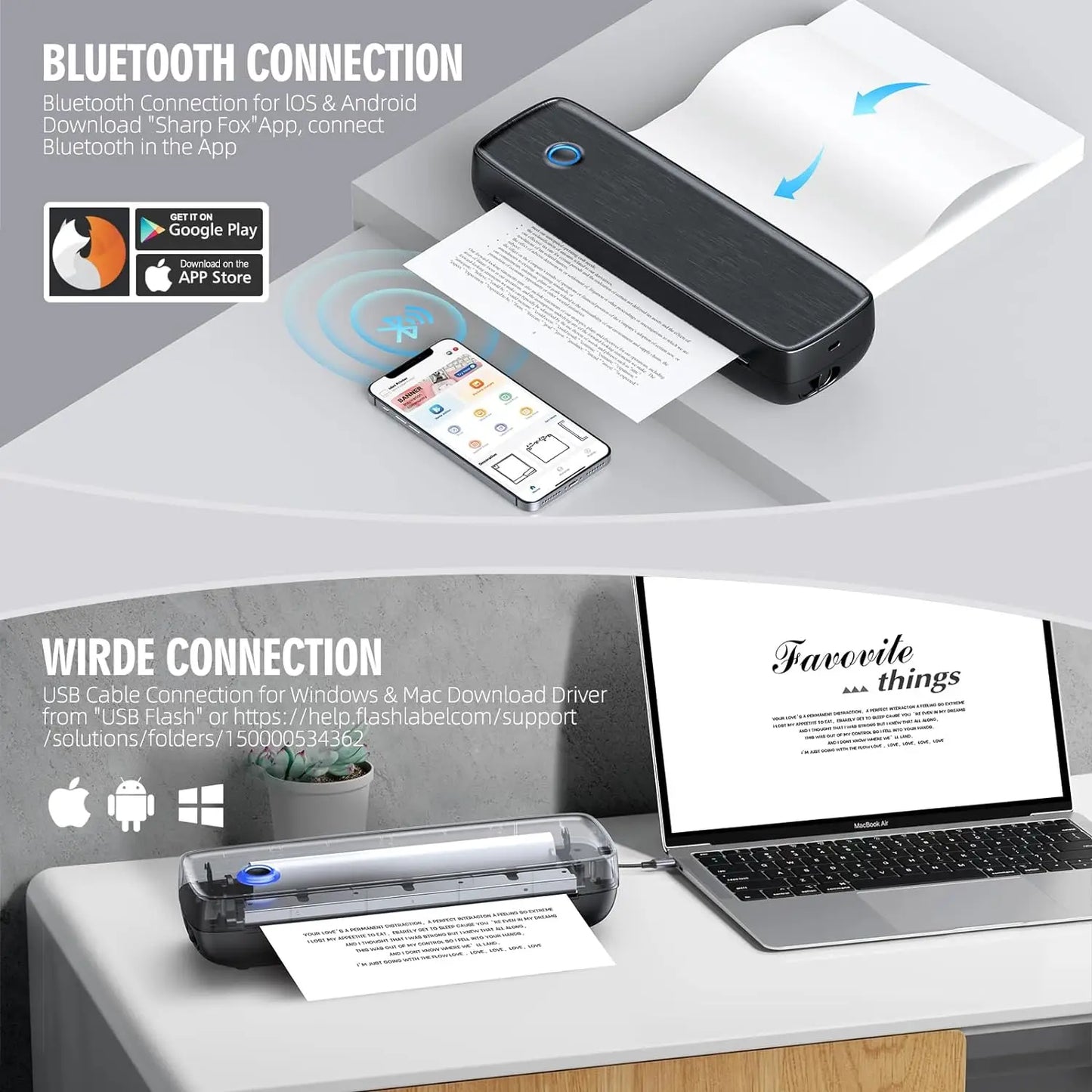 Portable Wireless Bluetooth Thermal Inkless Printer - Support US Letter &Legal