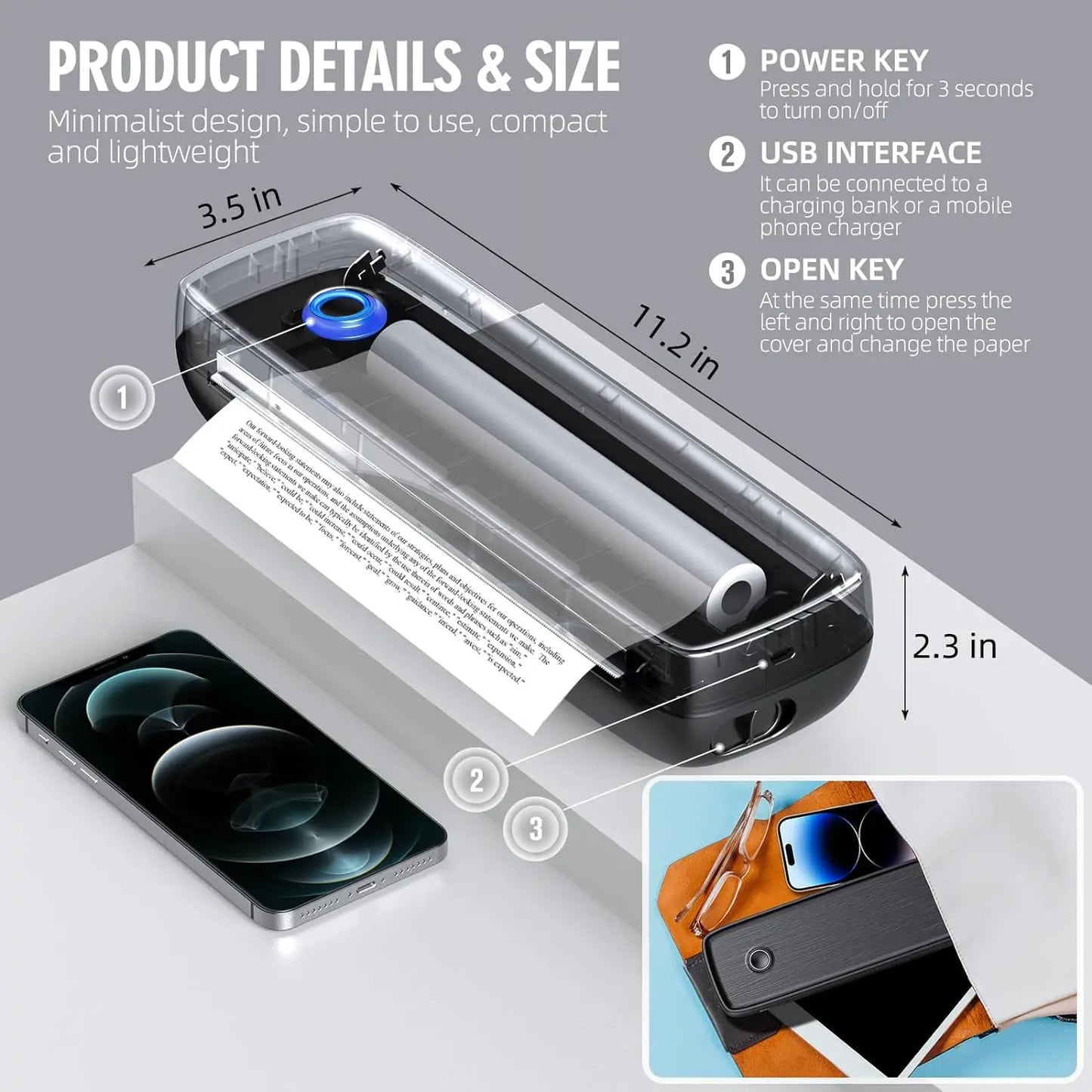 Portable Wireless Bluetooth Thermal Inkless Printer - Support US Letter &Legal