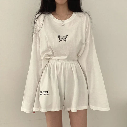 Summer Women Two Pieces Sets Long Sleeve T-Shirt+Shorts Butterfly Print