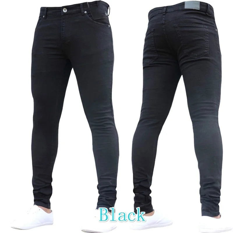 2024 Solid Color Fashion Men Casual Pants Stretch Jeans Male Slim Fit for Zippered Jeans Men Clothing