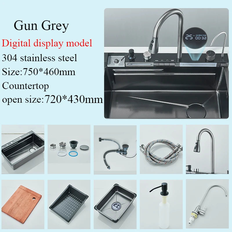 Dark Grey Nano Kitchen Sink Chopping Board 304 Stainless Steel Single Grey Kitchen Sink Kitchen Faucet